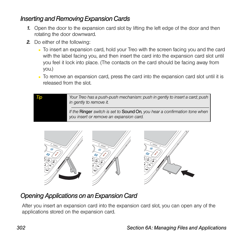 Inserting and removing expansion cards, Opening applications on an expansion card | Sprint Nextel Palm Treo 800w User Manual | Page 302 / 436