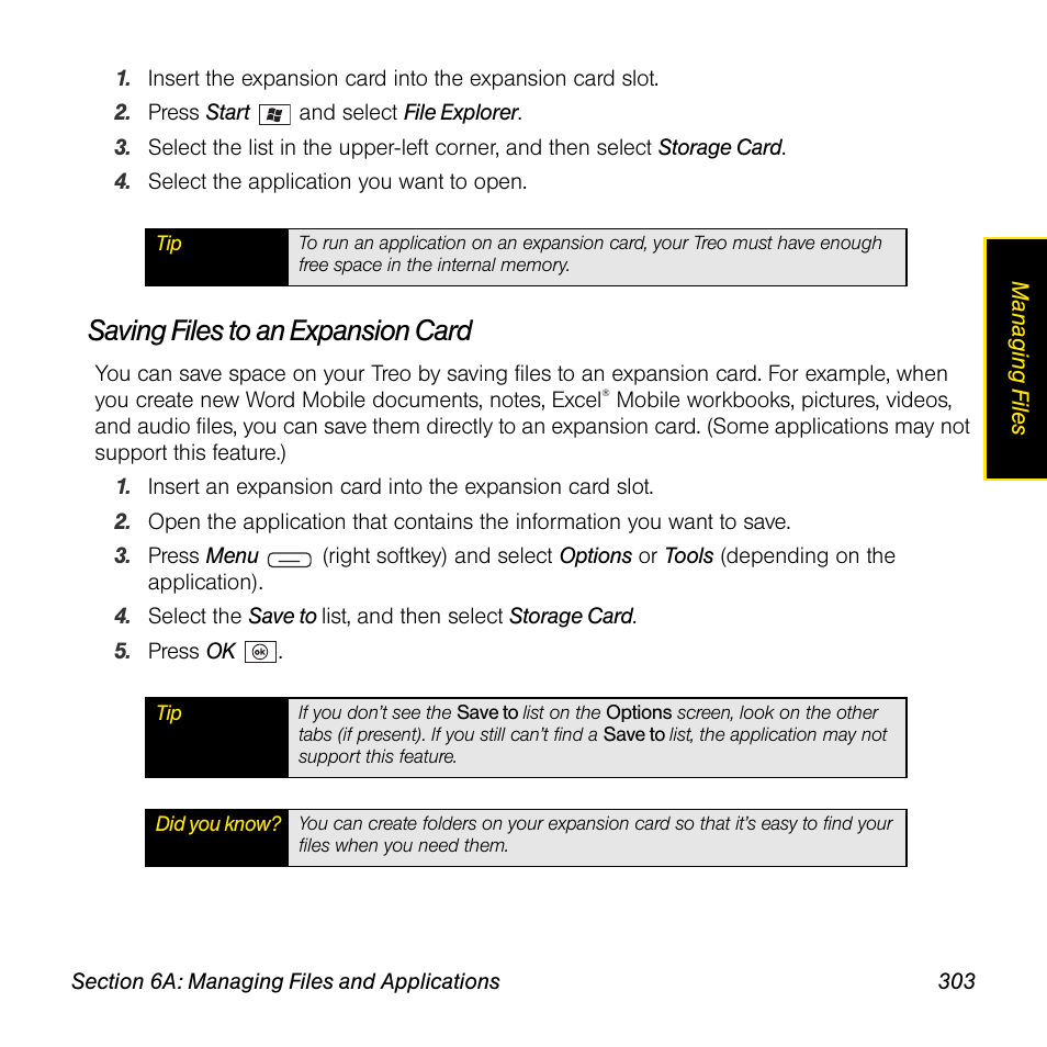 Saving files to an expansion card | Sprint Nextel Palm Treo 800w User Manual | Page 303 / 436