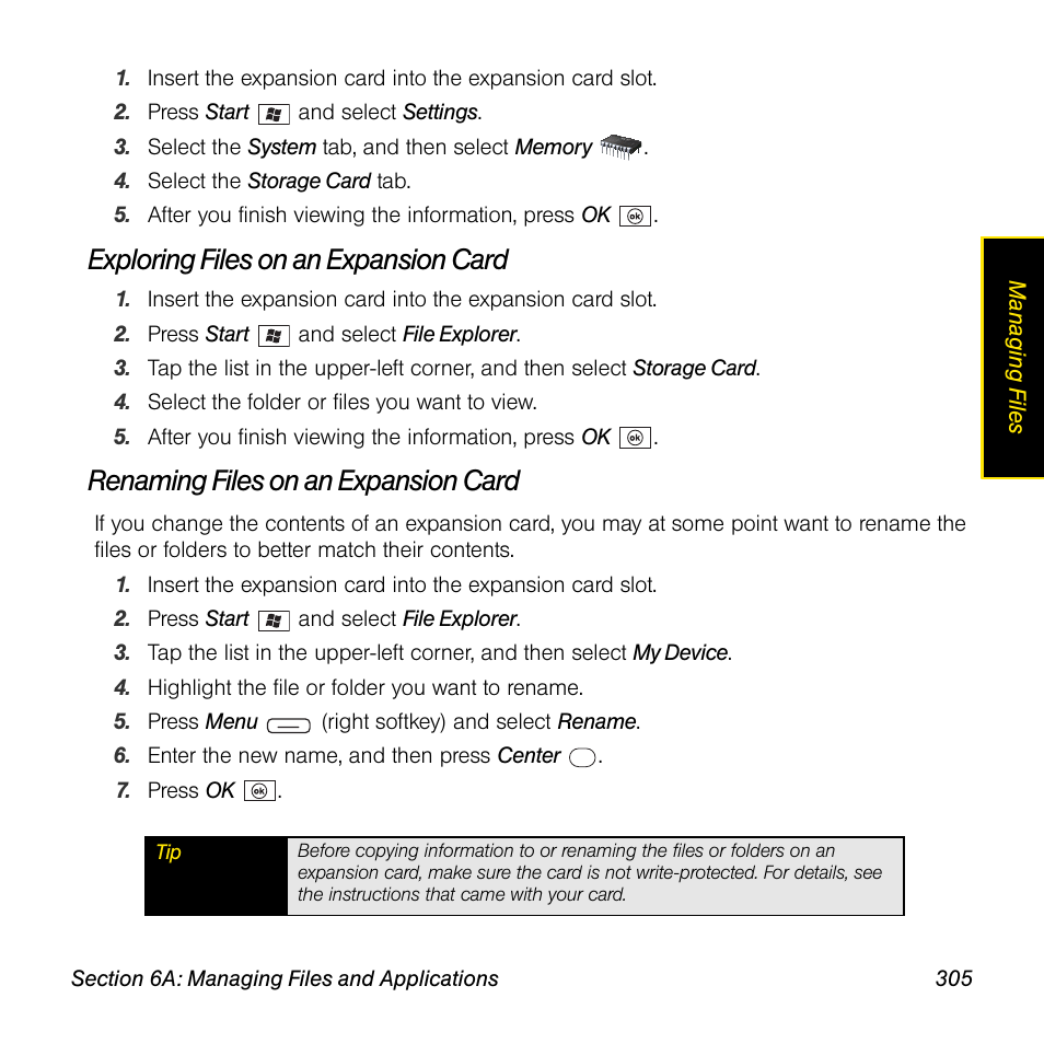 Exploring files on an expansion card, Renaming files on an expansion card | Sprint Nextel Palm Treo 800w User Manual | Page 305 / 436