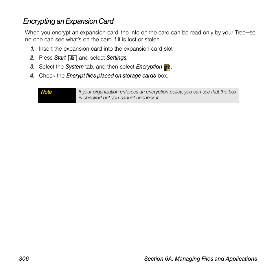 Encrypting an expansion card | Sprint Nextel Palm Treo 800w User Manual | Page 306 / 436