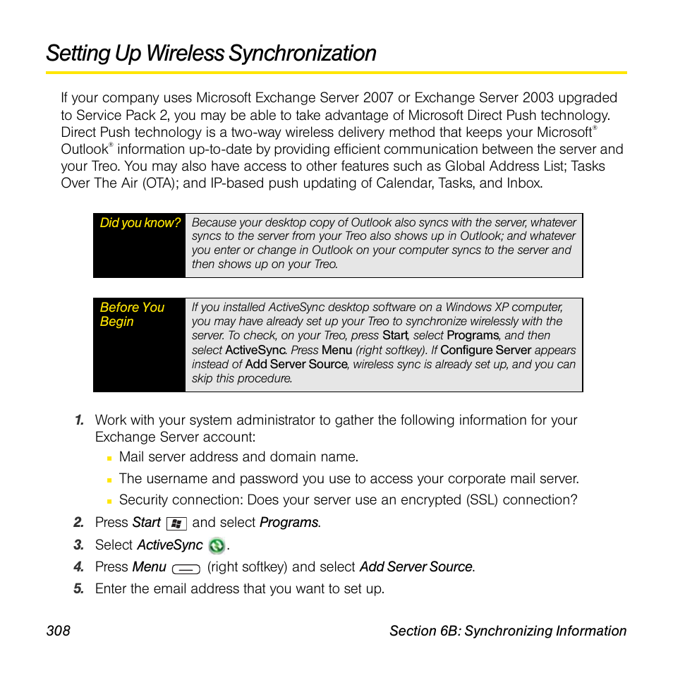 Setting up wireless synchronization | Sprint Nextel Palm Treo 800w User Manual | Page 308 / 436