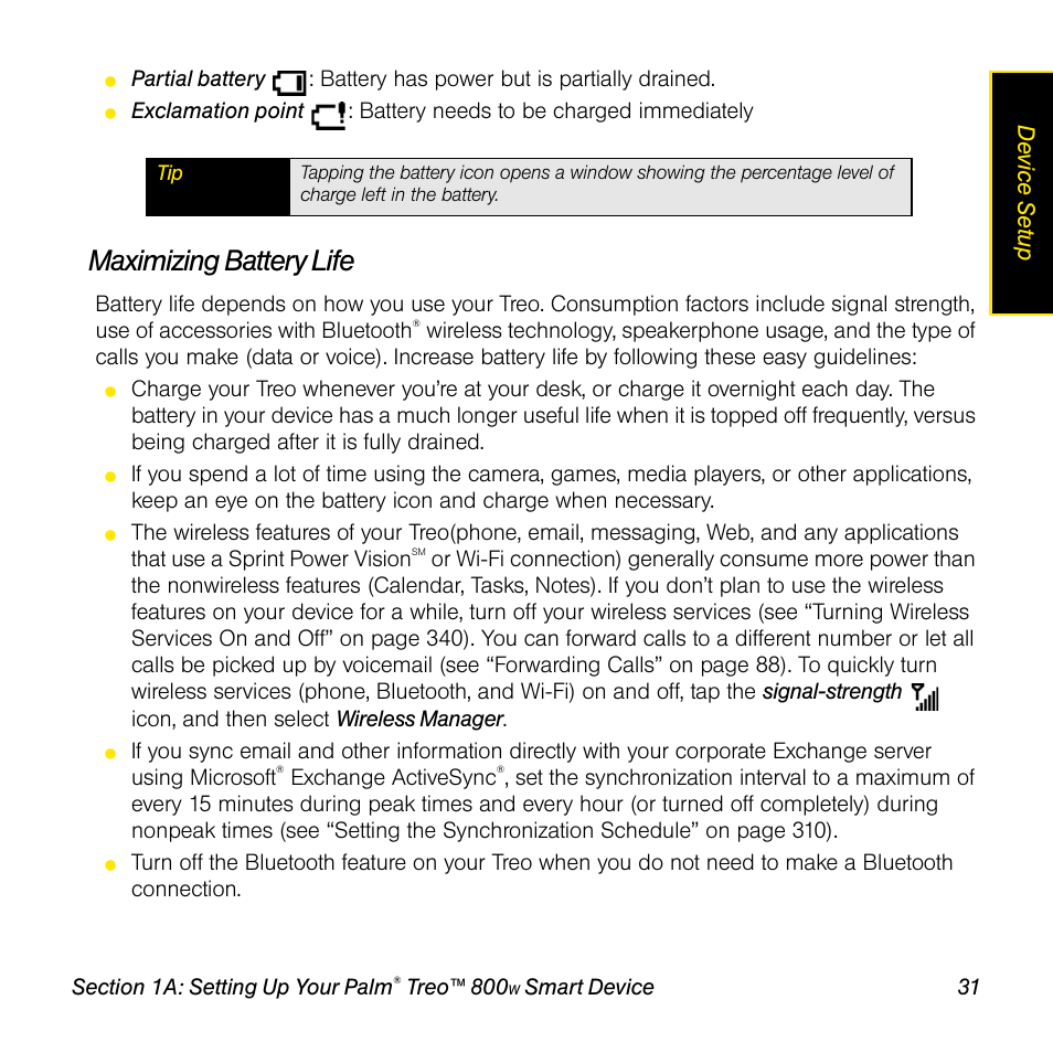 Maximizing battery life, Device setup | Sprint Nextel Palm Treo 800w User Manual | Page 31 / 436
