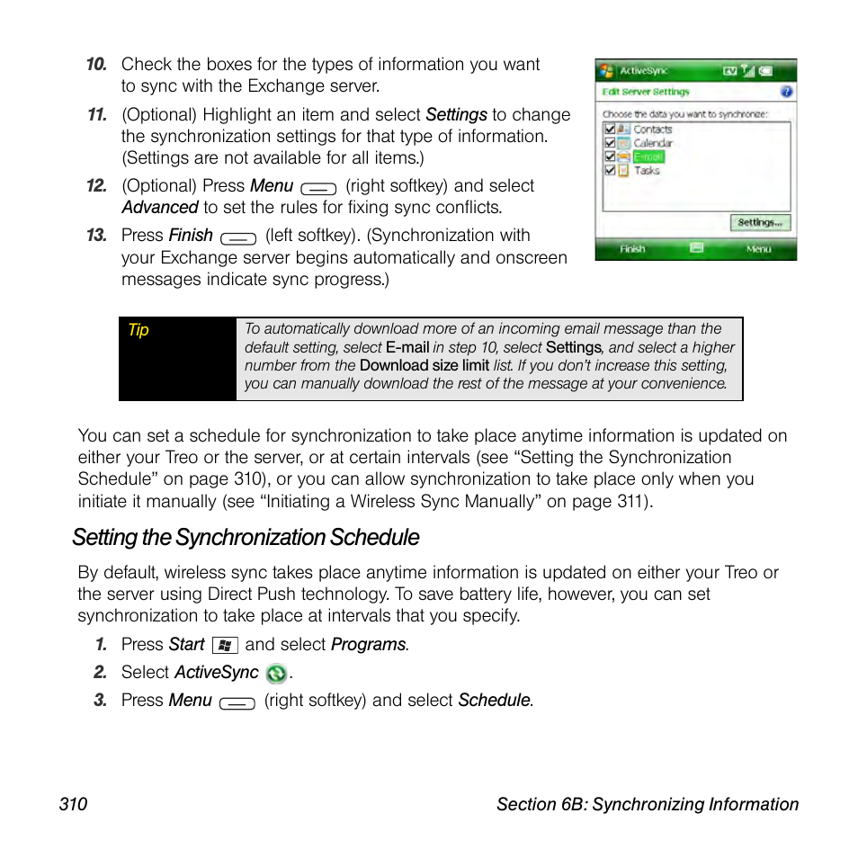 Setting the synchronization schedule | Sprint Nextel Palm Treo 800w User Manual | Page 310 / 436