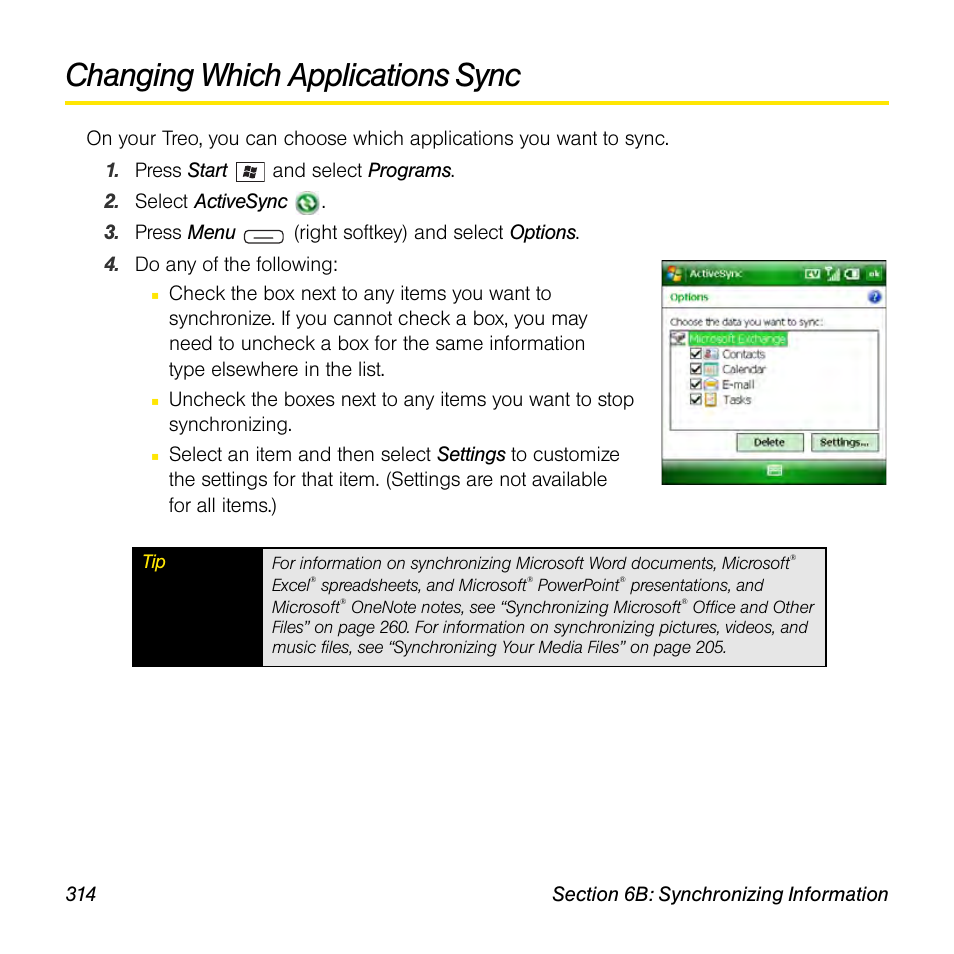 Changing which applications sync | Sprint Nextel Palm Treo 800w User Manual | Page 314 / 436