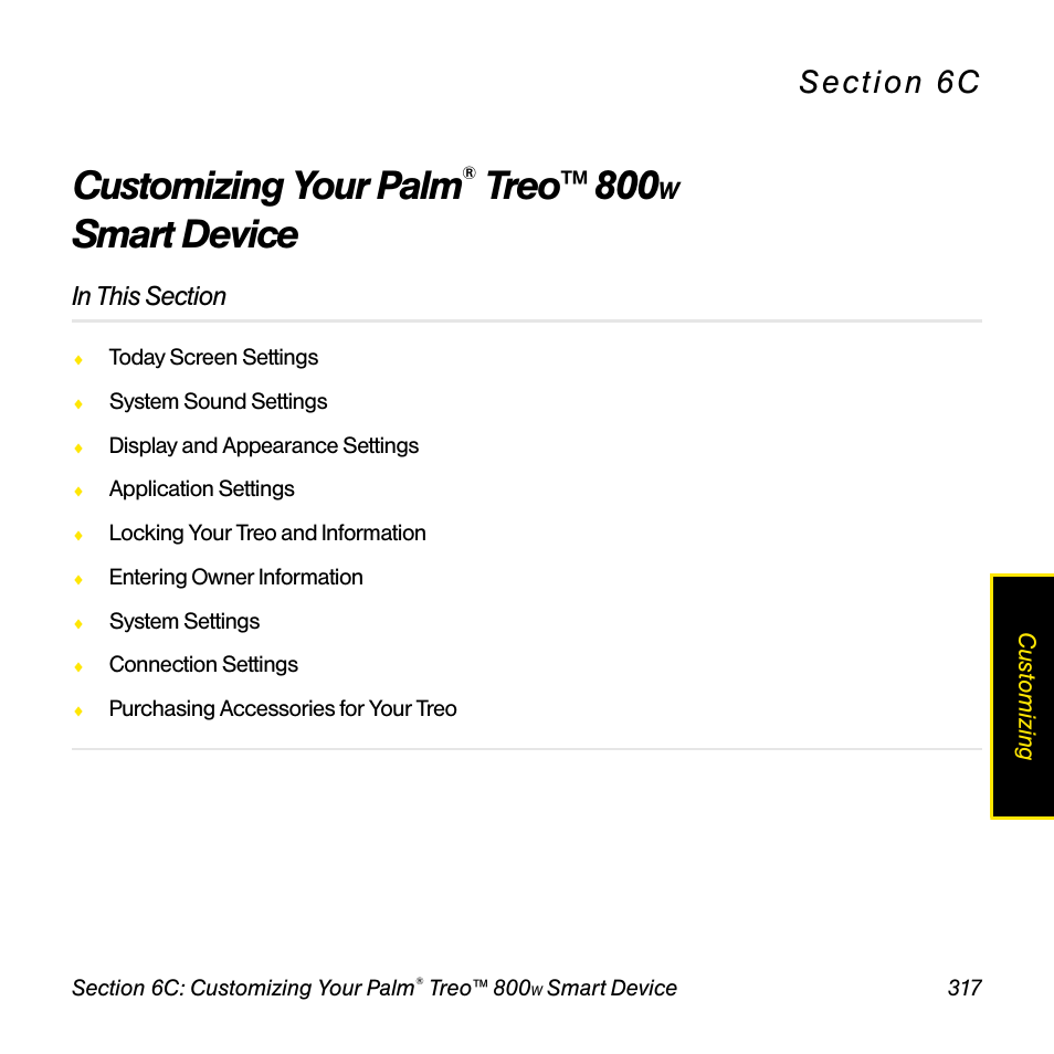 Customizing your palm® treo™ 800w smart device, 6c. customizing your palm, Customizing your palm | Treo™ 800, Smart device | Sprint Nextel Palm Treo 800w User Manual | Page 317 / 436
