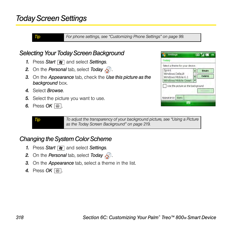 Today screen settings, Selecting your today screen background, Changing the system color scheme | Sprint Nextel Palm Treo 800w User Manual | Page 318 / 436