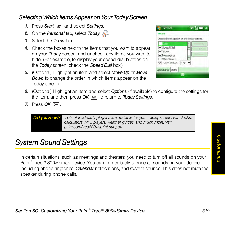 Selecting which items appear on your today screen, System sound settings | Sprint Nextel Palm Treo 800w User Manual | Page 319 / 436