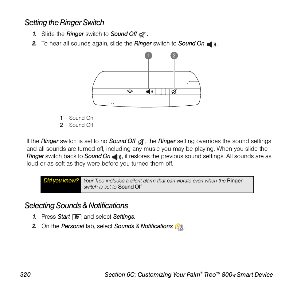 Setting the ringer switch, Selecting sounds & notifications | Sprint Nextel Palm Treo 800w User Manual | Page 320 / 436