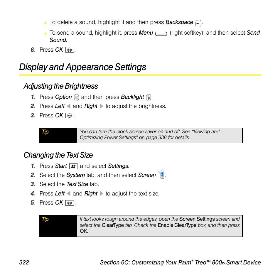 Display and appearance settings, Adjusting the brightness, Changing the text size | Sprint Nextel Palm Treo 800w User Manual | Page 322 / 436
