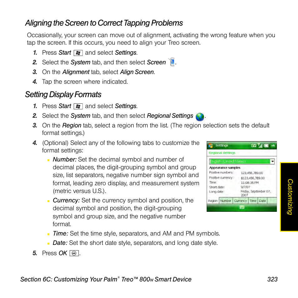Aligning the screen to correct tapping problems, Setting display formats | Sprint Nextel Palm Treo 800w User Manual | Page 323 / 436