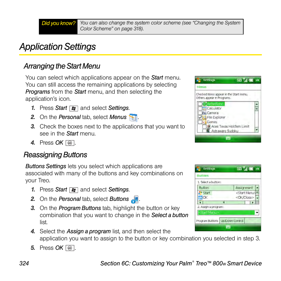 Application settings, Arranging the start menu, Reassigning buttons | Sprint Nextel Palm Treo 800w User Manual | Page 324 / 436