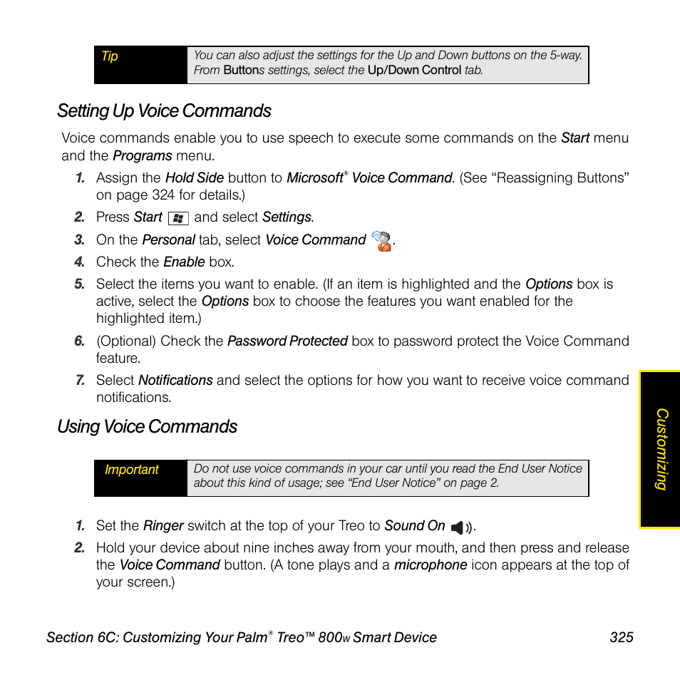 Setting up voice commands, Using voice commands | Sprint Nextel Palm Treo 800w User Manual | Page 325 / 436