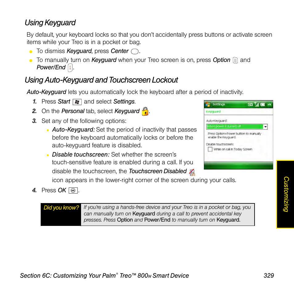 Using keyguard, Using auto-keyguard and touchscreen lockout | Sprint Nextel Palm Treo 800w User Manual | Page 329 / 436