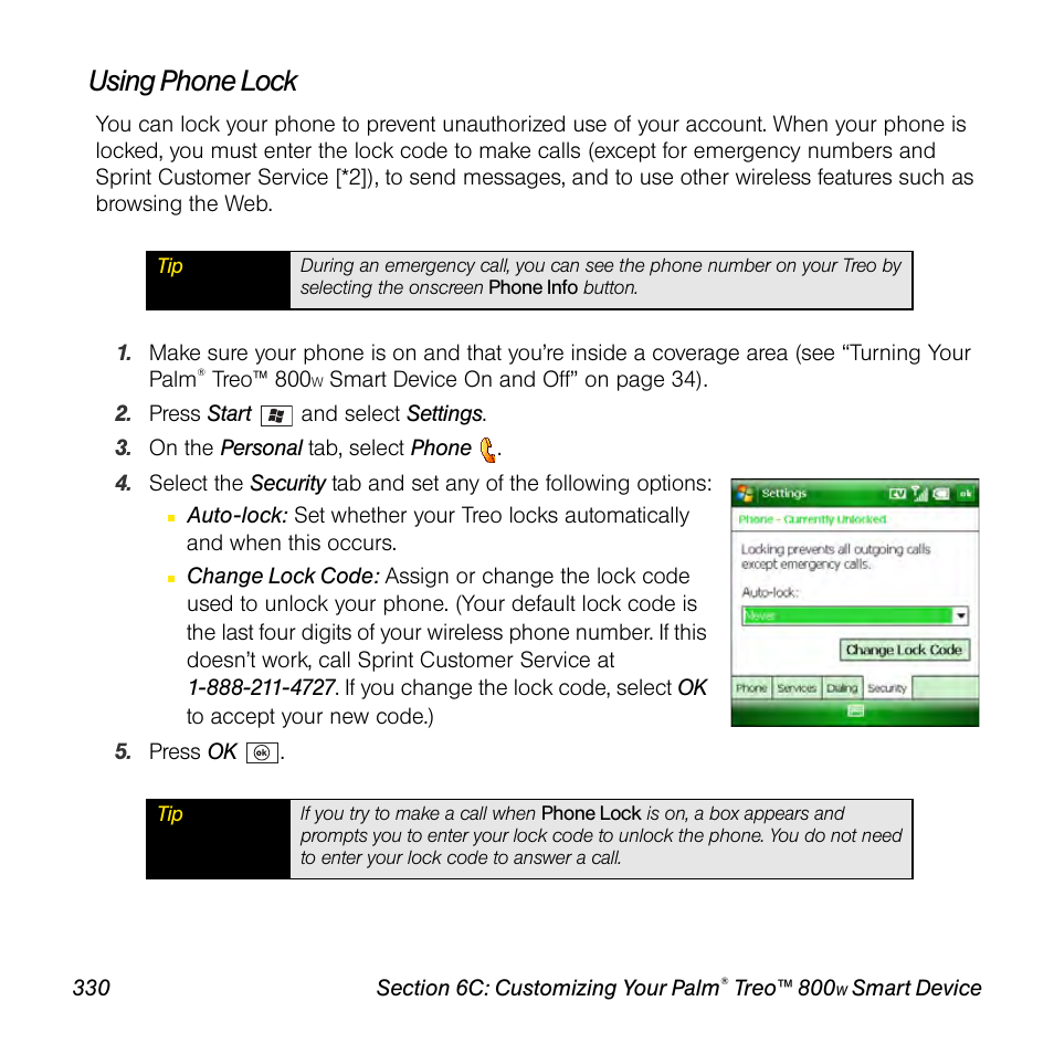 Using phone lock | Sprint Nextel Palm Treo 800w User Manual | Page 330 / 436