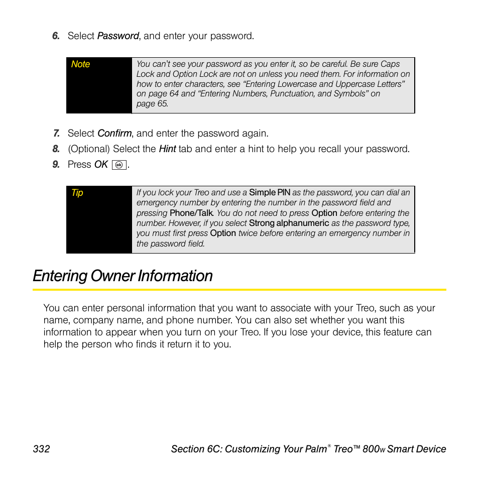Entering owner information | Sprint Nextel Palm Treo 800w User Manual | Page 332 / 436