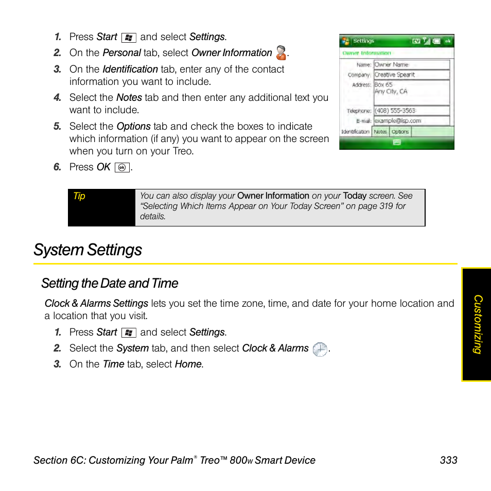 System settings, Setting the date and time | Sprint Nextel Palm Treo 800w User Manual | Page 333 / 436