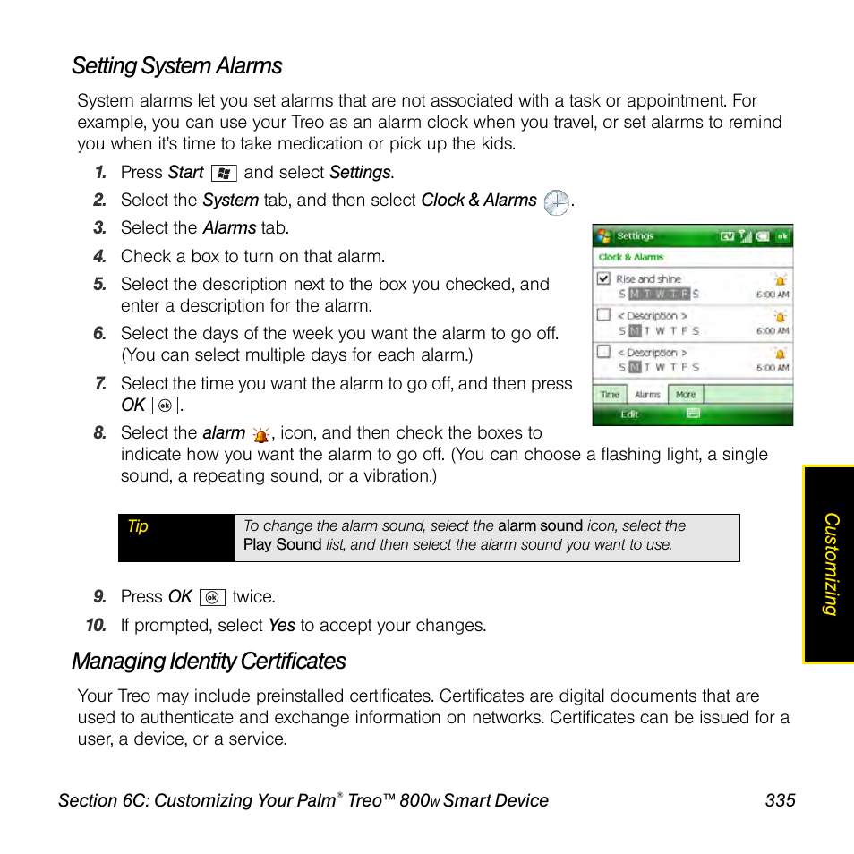 Setting system alarms, Managing identity certificates | Sprint Nextel Palm Treo 800w User Manual | Page 335 / 436