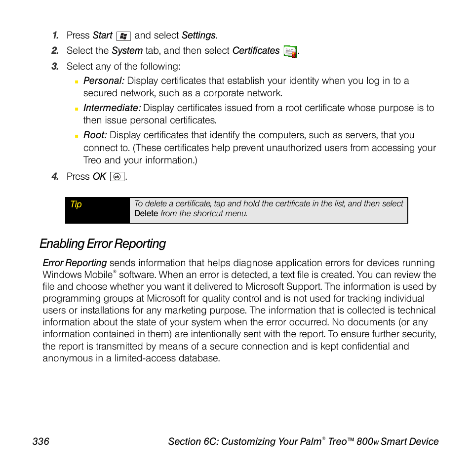Enabling error reporting | Sprint Nextel Palm Treo 800w User Manual | Page 336 / 436