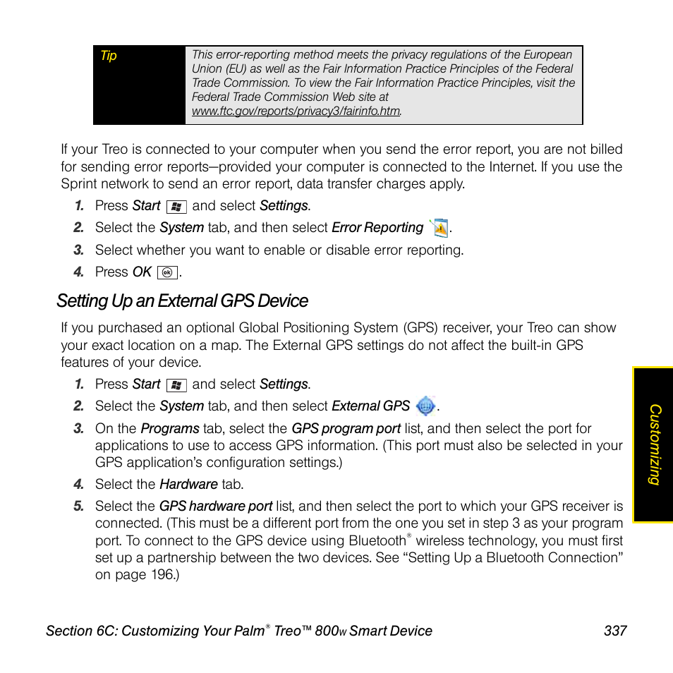 Setting up an external gps device | Sprint Nextel Palm Treo 800w User Manual | Page 337 / 436