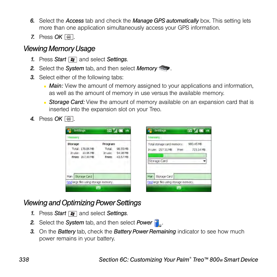 Viewing memory usage, Viewing and optimizing power settings | Sprint Nextel Palm Treo 800w User Manual | Page 338 / 436