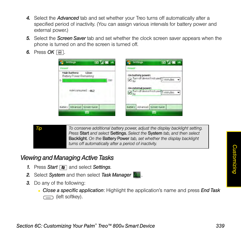 Viewing and managing active tasks | Sprint Nextel Palm Treo 800w User Manual | Page 339 / 436