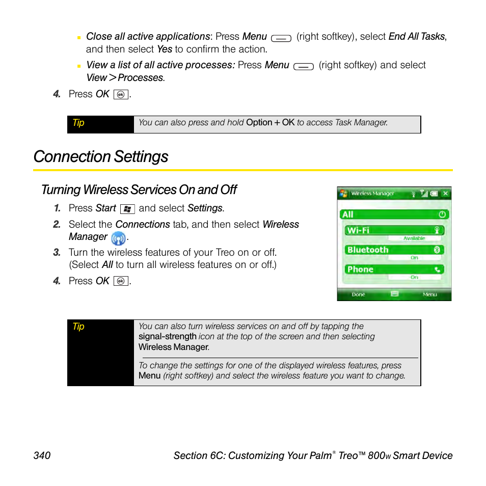 Connection settings, Turning wireless services on and off | Sprint Nextel Palm Treo 800w User Manual | Page 340 / 436