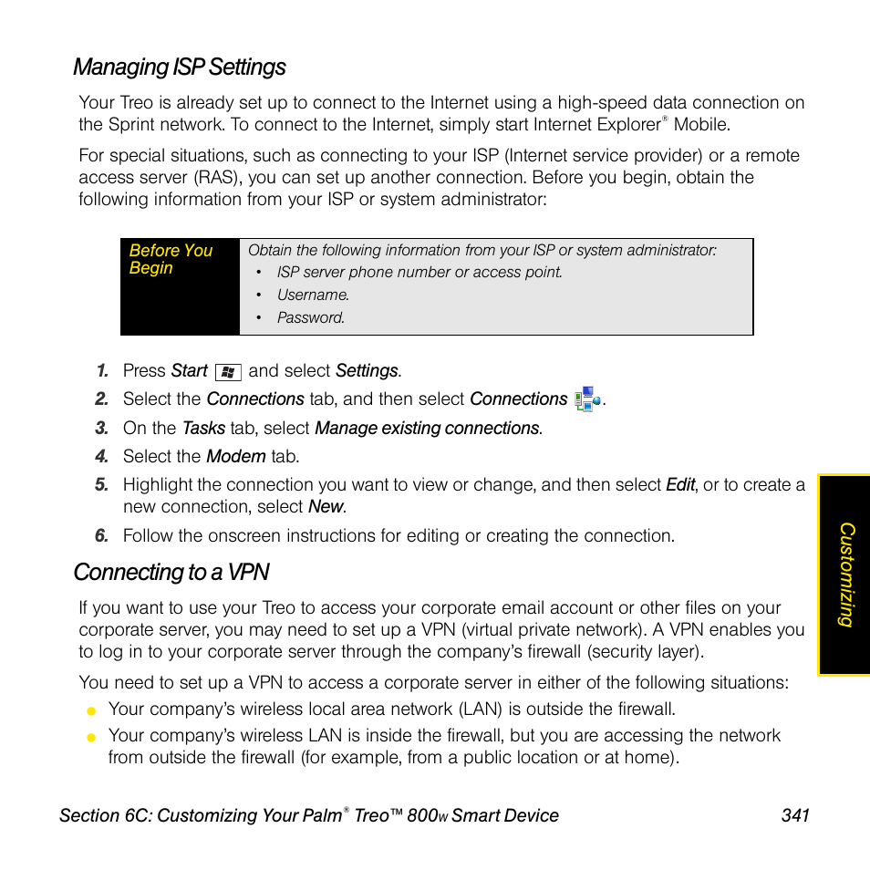 Managing isp settings, Connecting to a vpn | Sprint Nextel Palm Treo 800w User Manual | Page 341 / 436