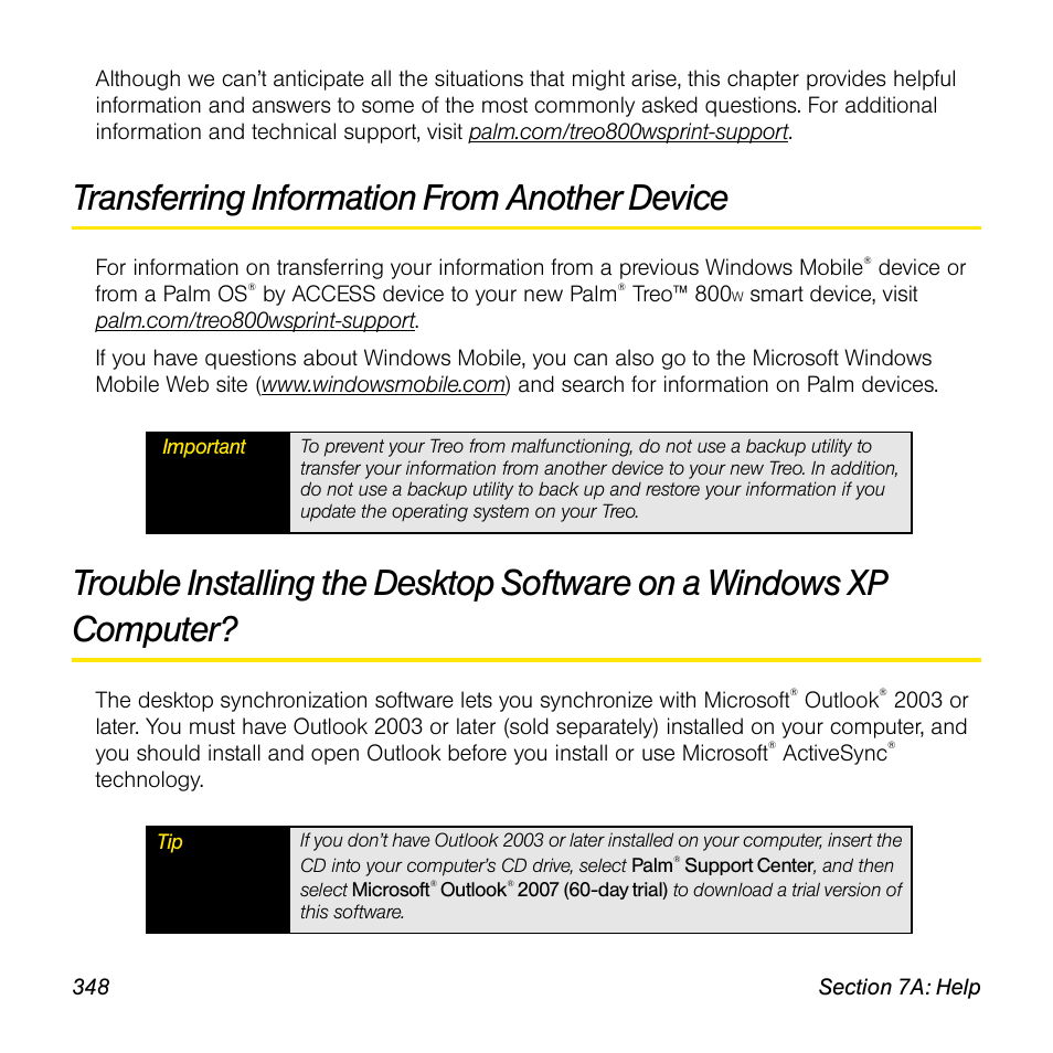Transferring information from another device | Sprint Nextel Palm Treo 800w User Manual | Page 348 / 436