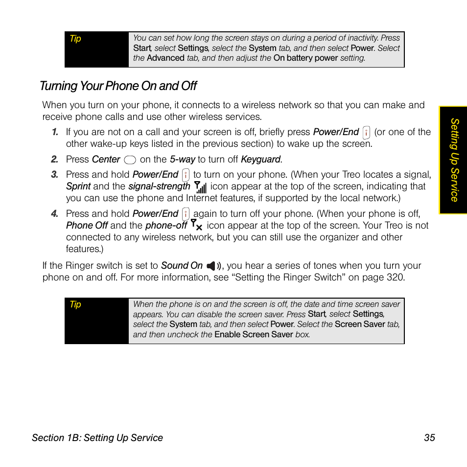 Turning your phone on and off | Sprint Nextel Palm Treo 800w User Manual | Page 35 / 436
