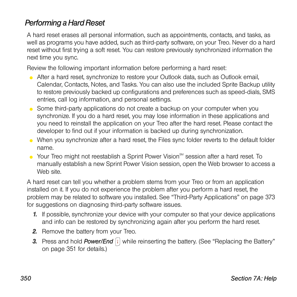 Performing a hard reset | Sprint Nextel Palm Treo 800w User Manual | Page 350 / 436