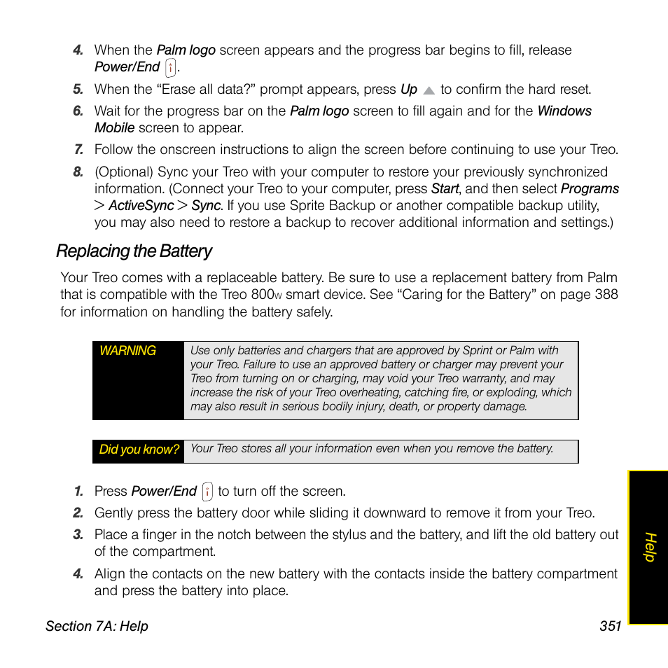 Replacing the battery | Sprint Nextel Palm Treo 800w User Manual | Page 351 / 436