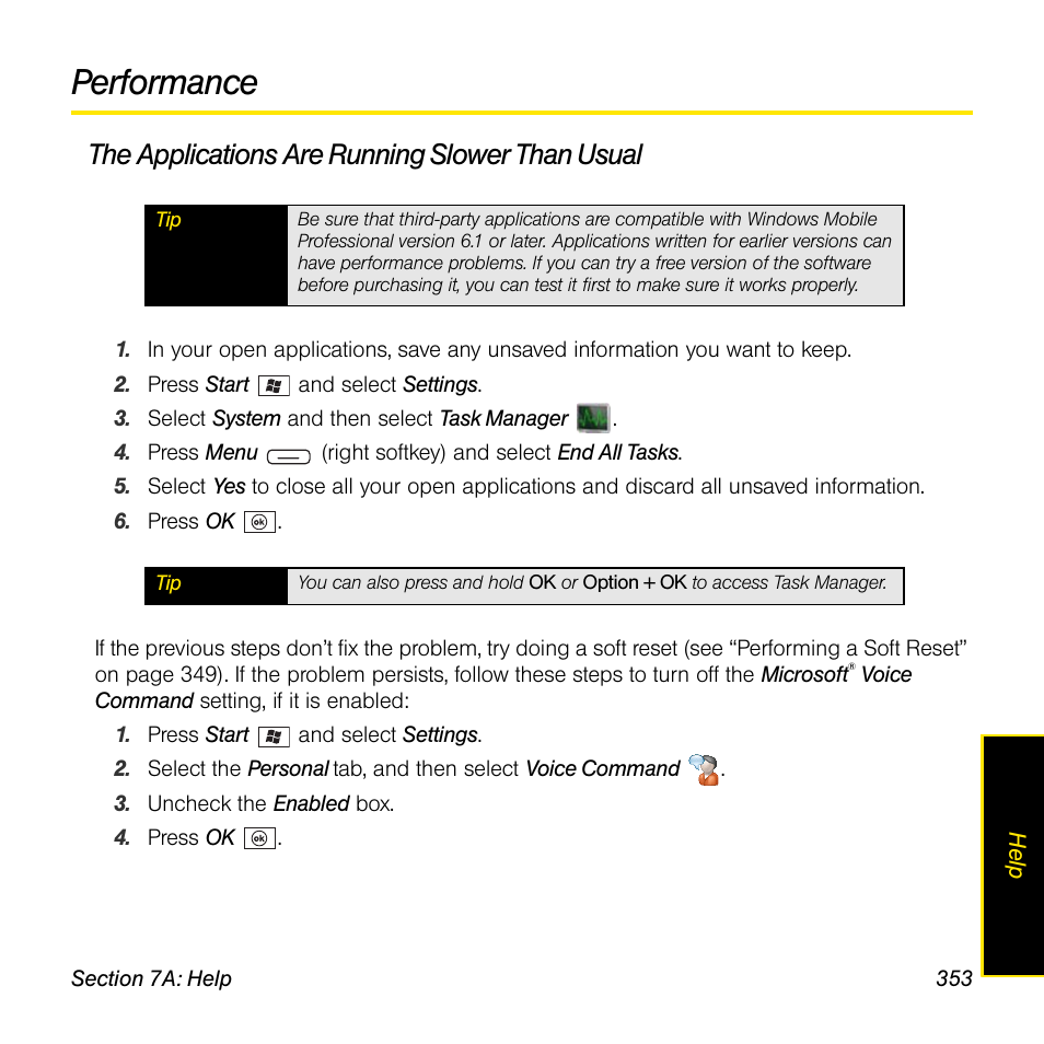 Performance, The applications are running slower than usual | Sprint Nextel Palm Treo 800w User Manual | Page 353 / 436
