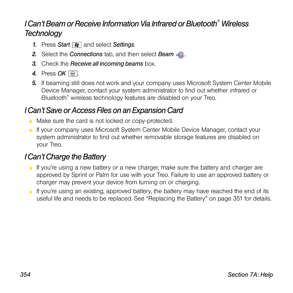 I can’t save or access files on an expansion card, I can’t charge the battery, Wireless technology | Sprint Nextel Palm Treo 800w User Manual | Page 354 / 436