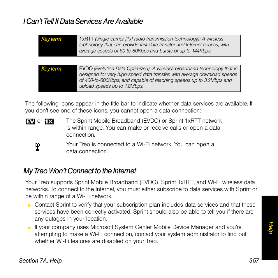 I can’t tell if data services are available, My treo won’t connect to the internet | Sprint Nextel Palm Treo 800w User Manual | Page 357 / 436