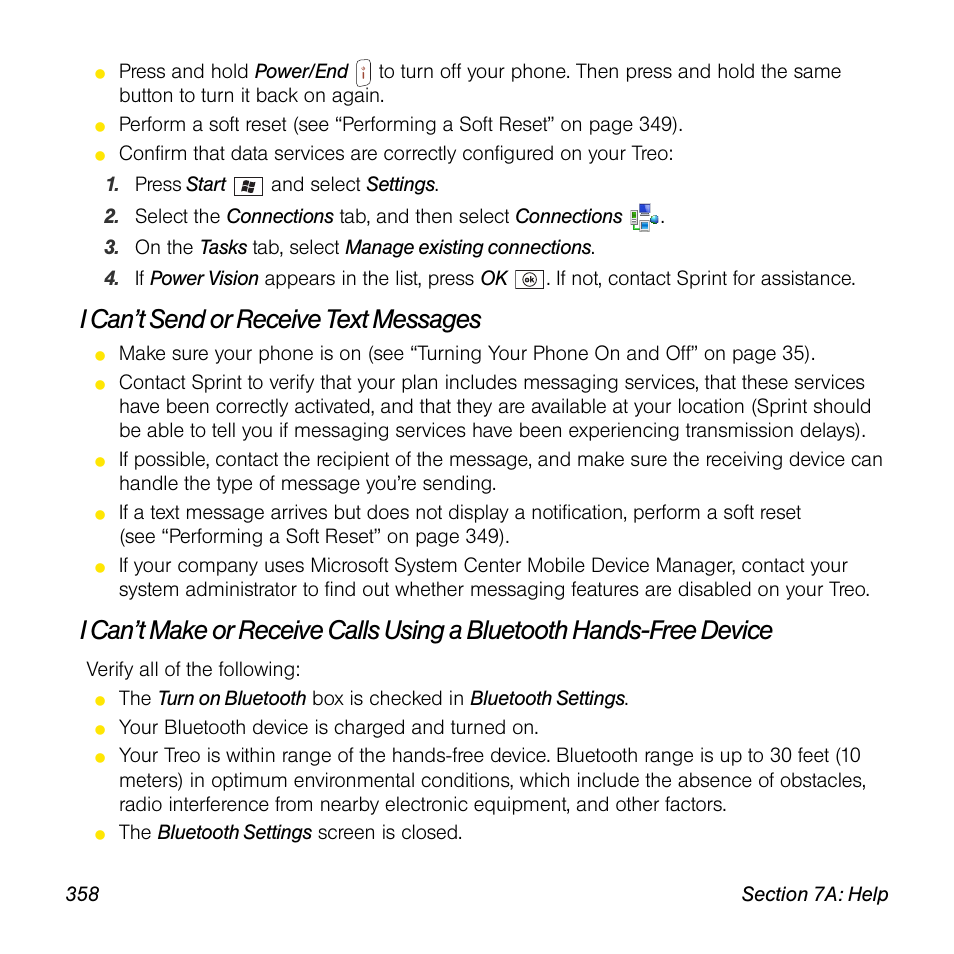 I can’t send or receive text messages | Sprint Nextel Palm Treo 800w User Manual | Page 358 / 436