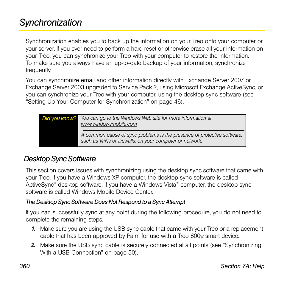 Synchronization, Desktop sync software | Sprint Nextel Palm Treo 800w User Manual | Page 360 / 436