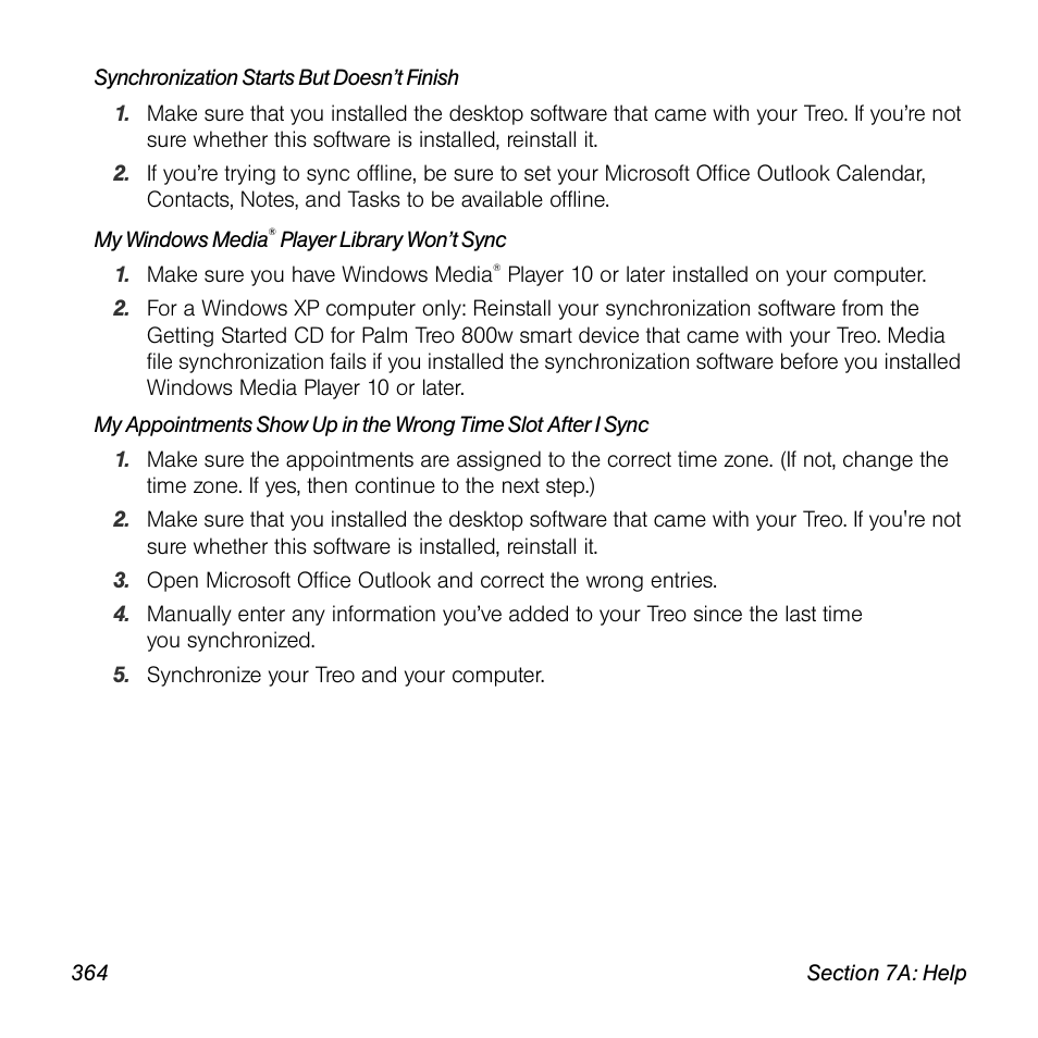 See “my windows media, Player library won’t sync | Sprint Nextel Palm Treo 800w User Manual | Page 364 / 436