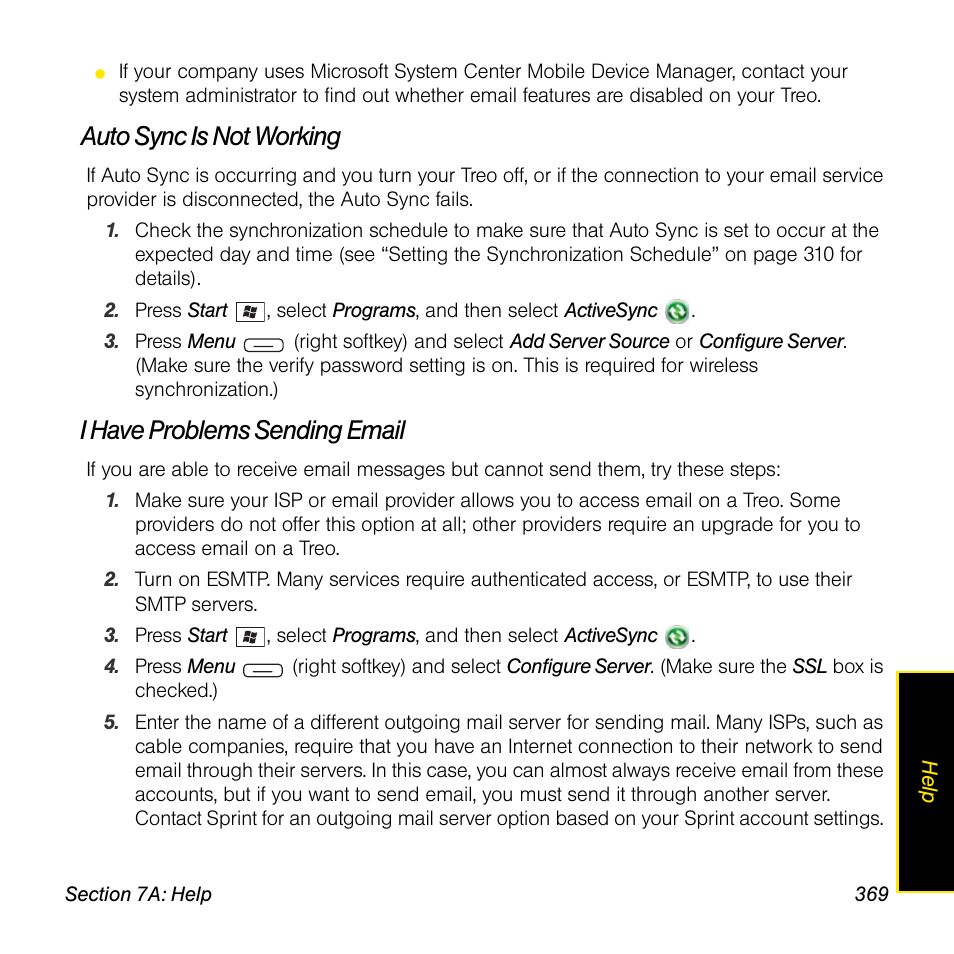 Auto sync is not working, I have problems sending email | Sprint Nextel Palm Treo 800w User Manual | Page 369 / 436