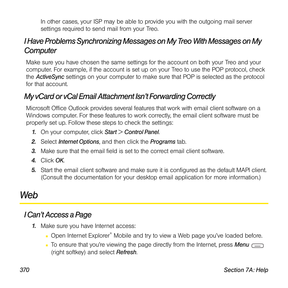I can’t access a page | Sprint Nextel Palm Treo 800w User Manual | Page 370 / 436