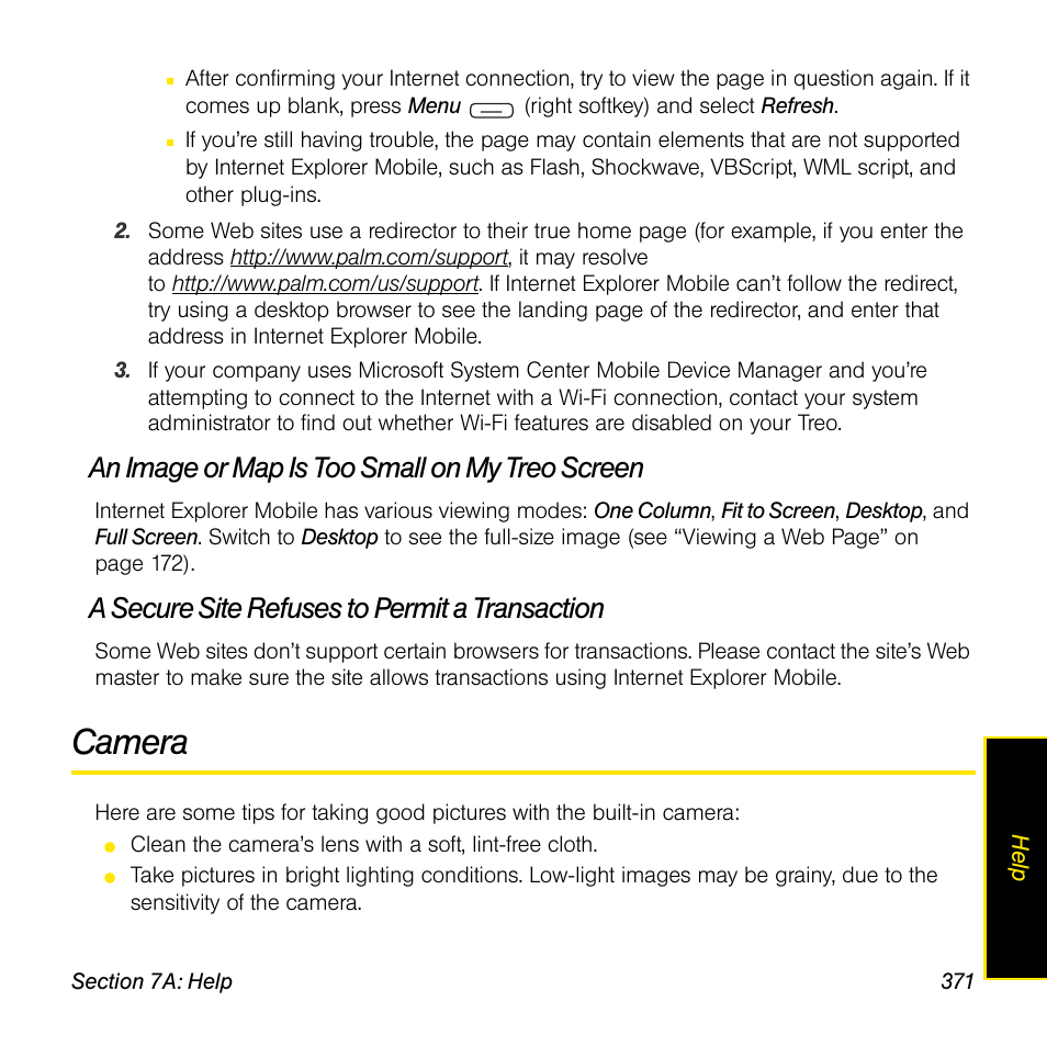 An image or map is too small on my treo screen, A secure site refuses to permit a transaction, Camera | Sprint Nextel Palm Treo 800w User Manual | Page 371 / 436