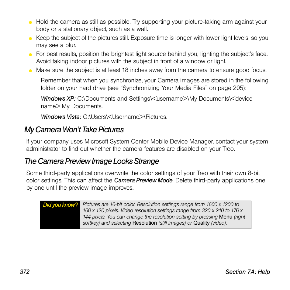 My camera won’t take pictures, The camera preview image looks strange | Sprint Nextel Palm Treo 800w User Manual | Page 372 / 436