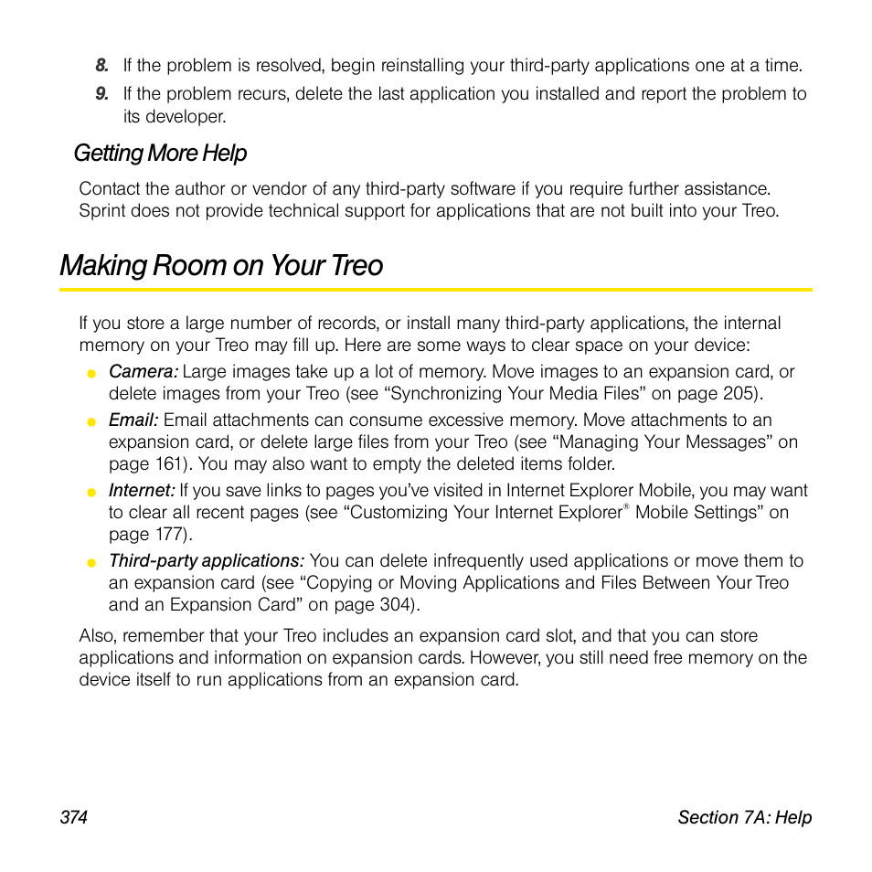 Getting more help, Making room on your treo | Sprint Nextel Palm Treo 800w User Manual | Page 374 / 436