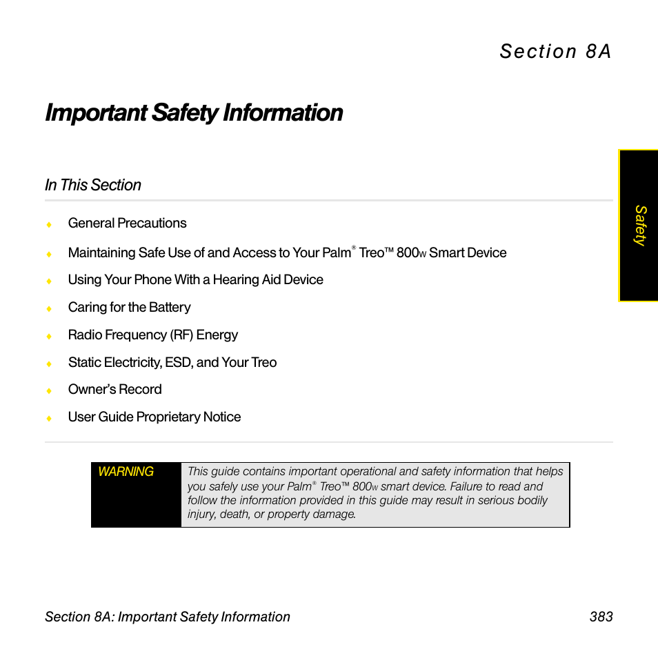 Important safety information, 8a. important safety information, Saf e ty | Sprint Nextel Palm Treo 800w User Manual | Page 383 / 436