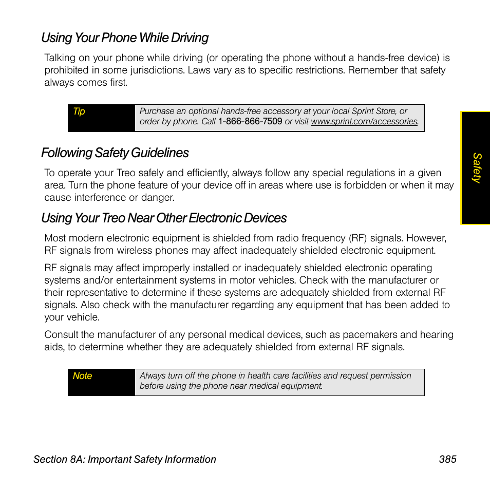 Using your phone while driving, Following safety guidelines, Using your treo near other electronic devices | Sprint Nextel Palm Treo 800w User Manual | Page 385 / 436