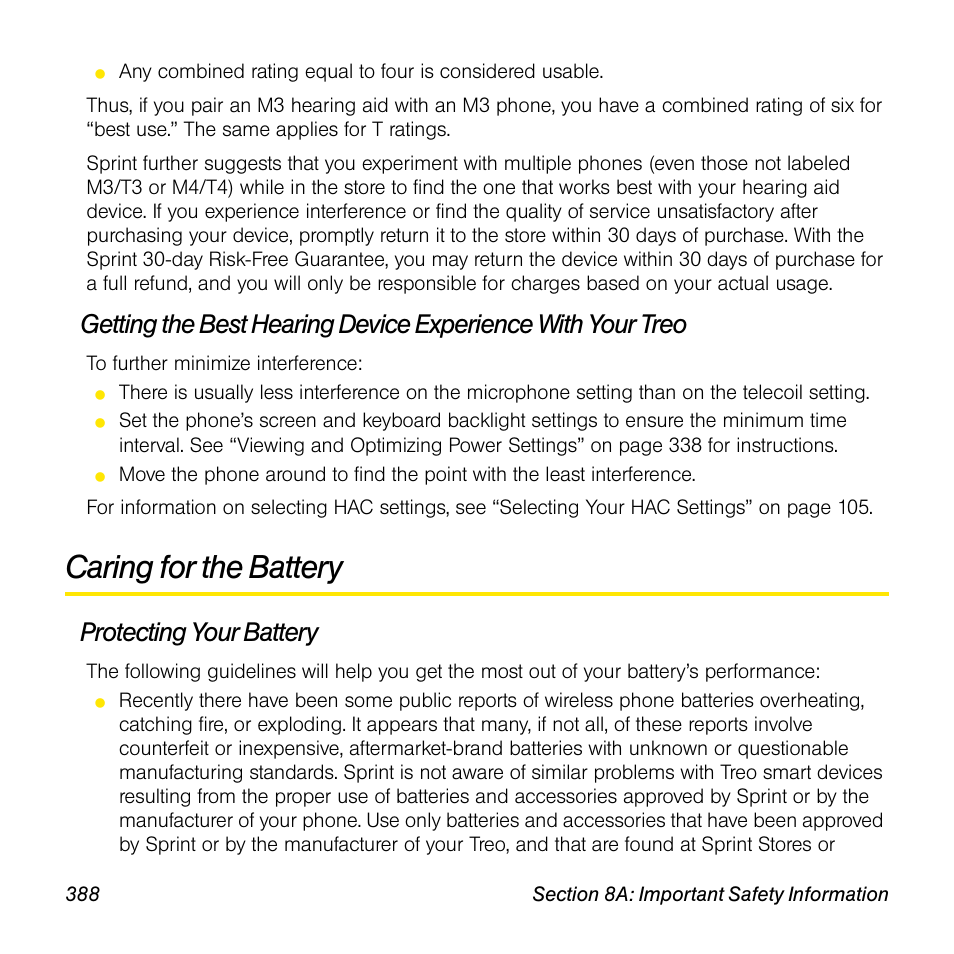 Caring for the battery, Protecting your battery | Sprint Nextel Palm Treo 800w User Manual | Page 388 / 436