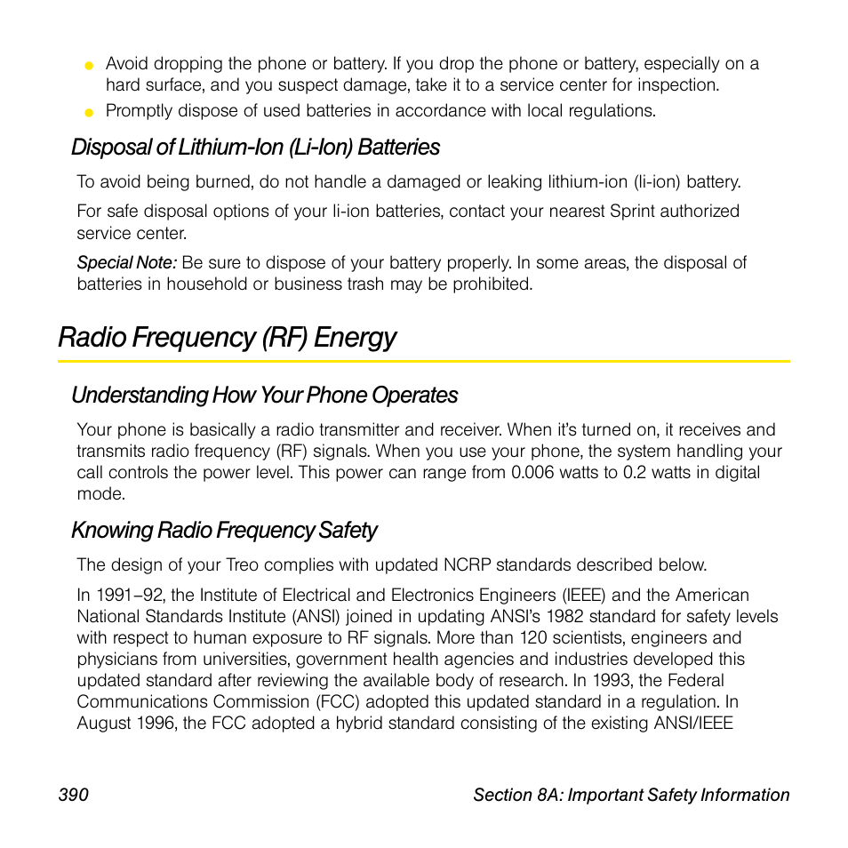 Disposal of lithium-ion (li-ion) batteries, Radio frequency (rf) energy, Understanding how your phone operates | Knowing radio frequency safety | Sprint Nextel Palm Treo 800w User Manual | Page 390 / 436