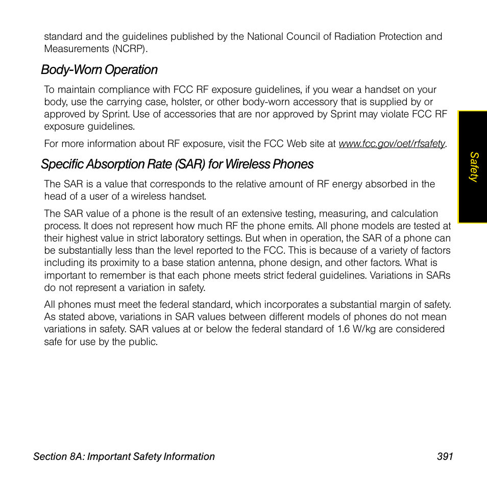 Body-worn operation, Specific absorption rate (sar) for wireless phones | Sprint Nextel Palm Treo 800w User Manual | Page 391 / 436