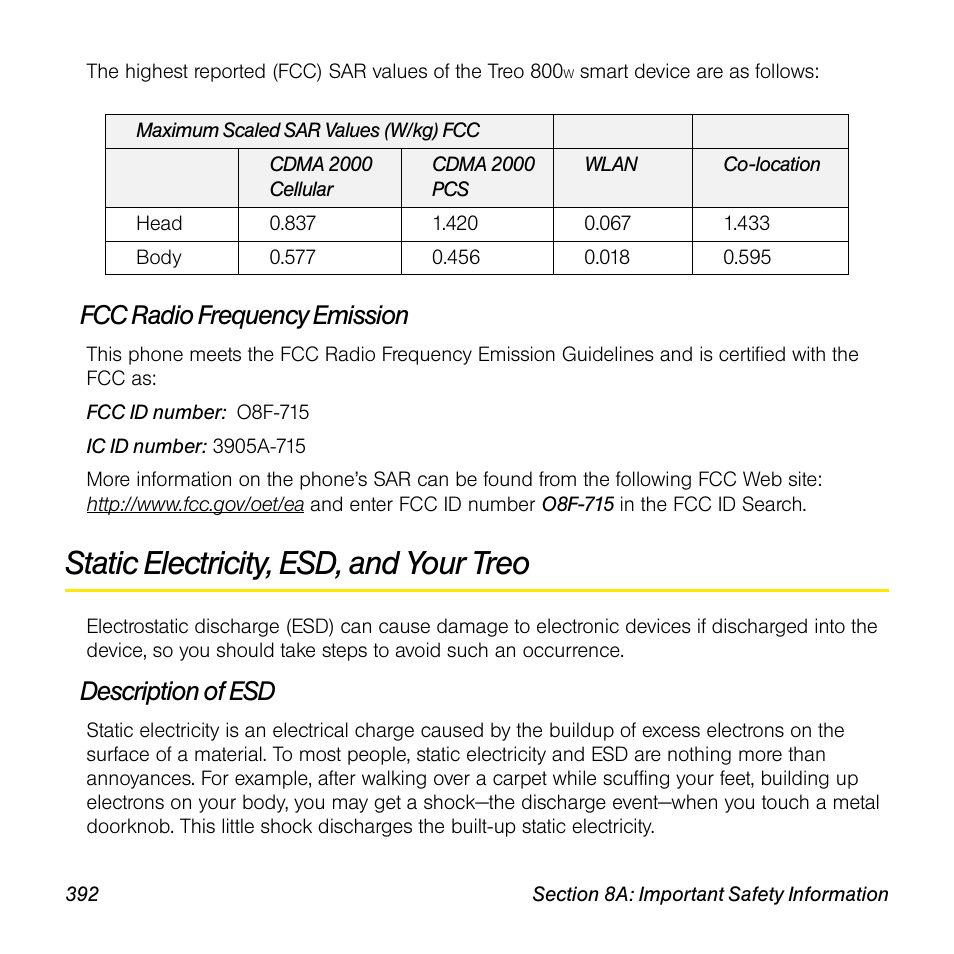 Fcc radio frequency emission, Static electricity, esd, and your treo, Description of esd | Sprint Nextel Palm Treo 800w User Manual | Page 392 / 436