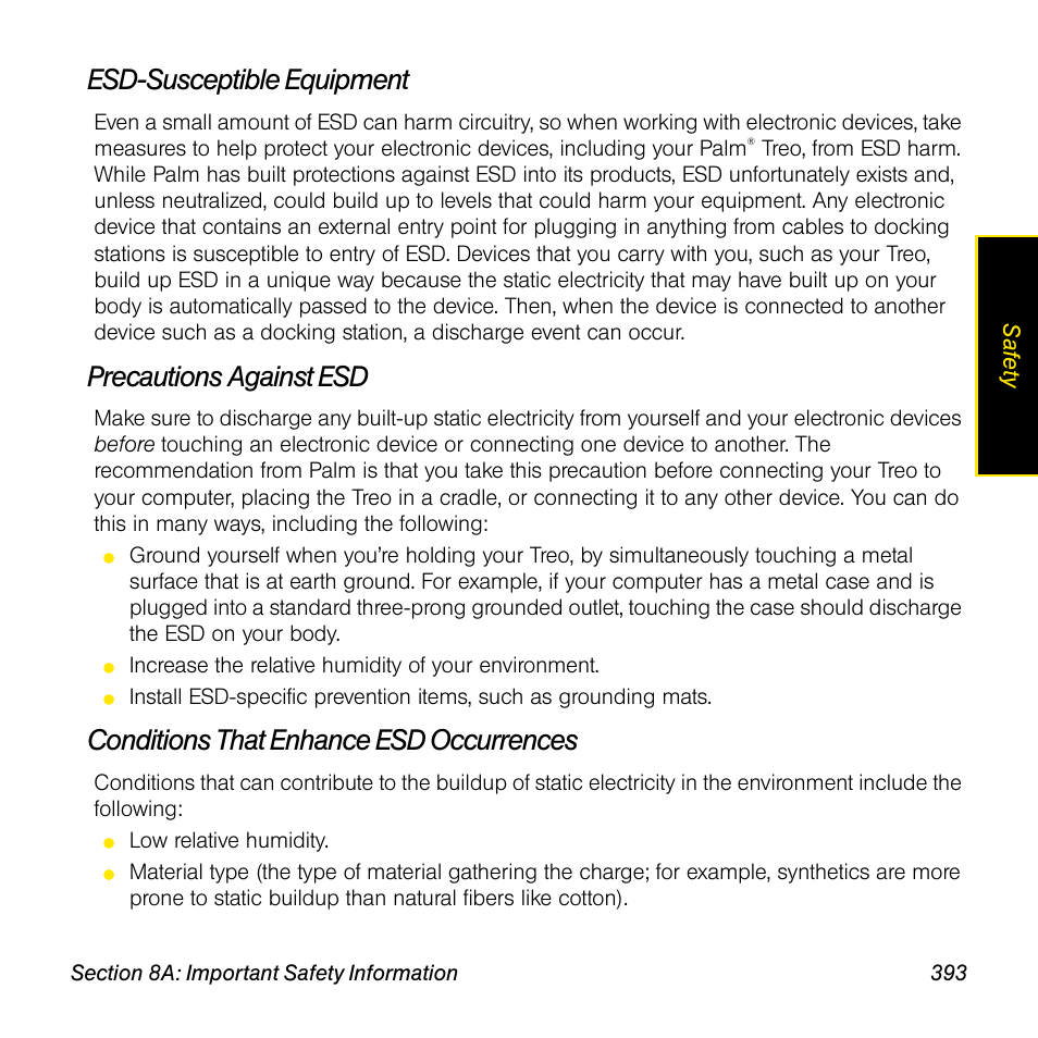 Esd-susceptible equipment, Precautions against esd, Conditions that enhance esd occurrences | Sprint Nextel Palm Treo 800w User Manual | Page 393 / 436