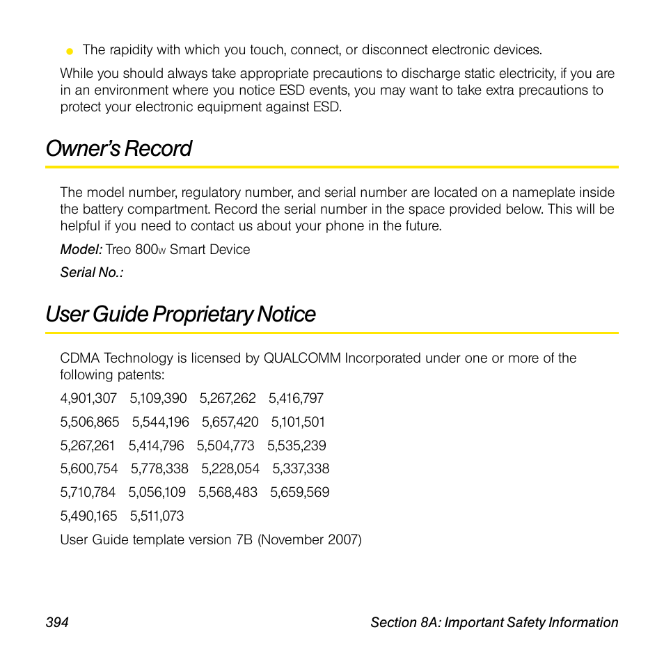 Owner’s record, User guide proprietary notice | Sprint Nextel Palm Treo 800w User Manual | Page 394 / 436